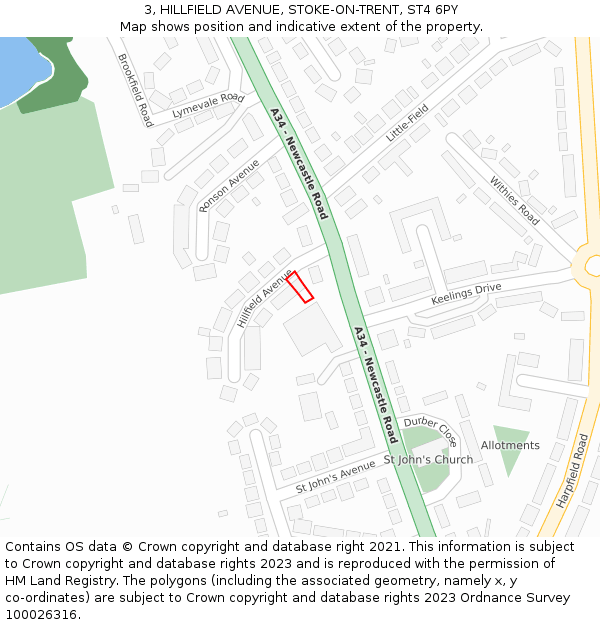 3, HILLFIELD AVENUE, STOKE-ON-TRENT, ST4 6PY: Location map and indicative extent of plot