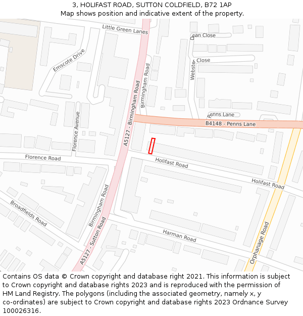 3, HOLIFAST ROAD, SUTTON COLDFIELD, B72 1AP: Location map and indicative extent of plot