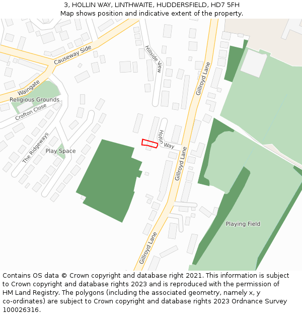 3, HOLLIN WAY, LINTHWAITE, HUDDERSFIELD, HD7 5FH: Location map and indicative extent of plot