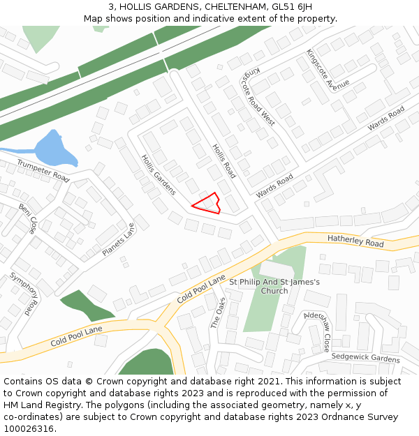 3, HOLLIS GARDENS, CHELTENHAM, GL51 6JH: Location map and indicative extent of plot