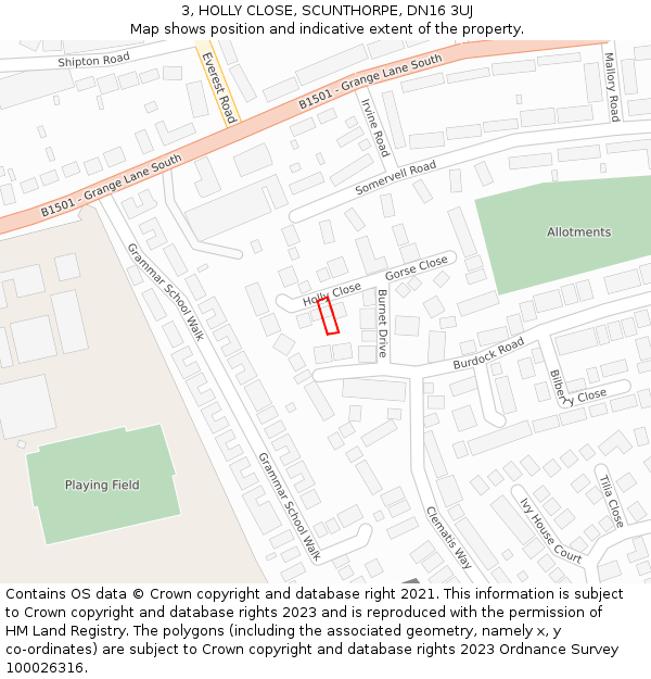 3, HOLLY CLOSE, SCUNTHORPE, DN16 3UJ: Location map and indicative extent of plot