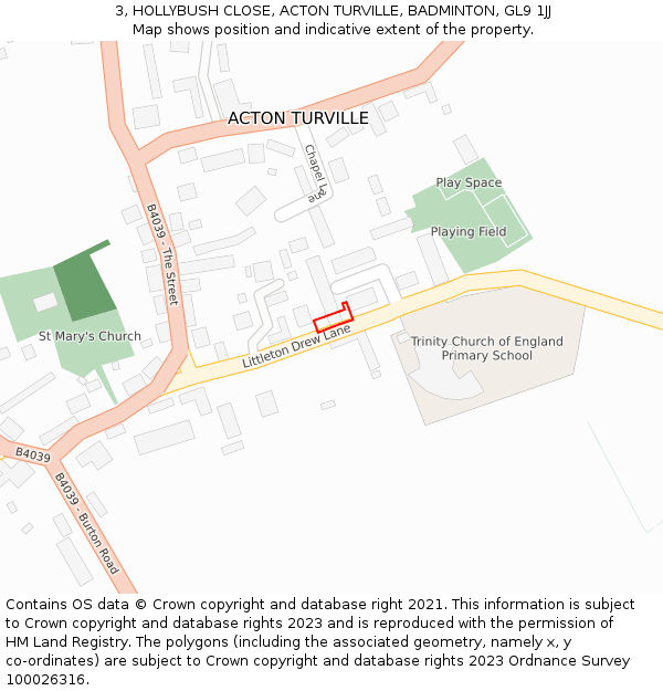 3, HOLLYBUSH CLOSE, ACTON TURVILLE, BADMINTON, GL9 1JJ: Location map and indicative extent of plot