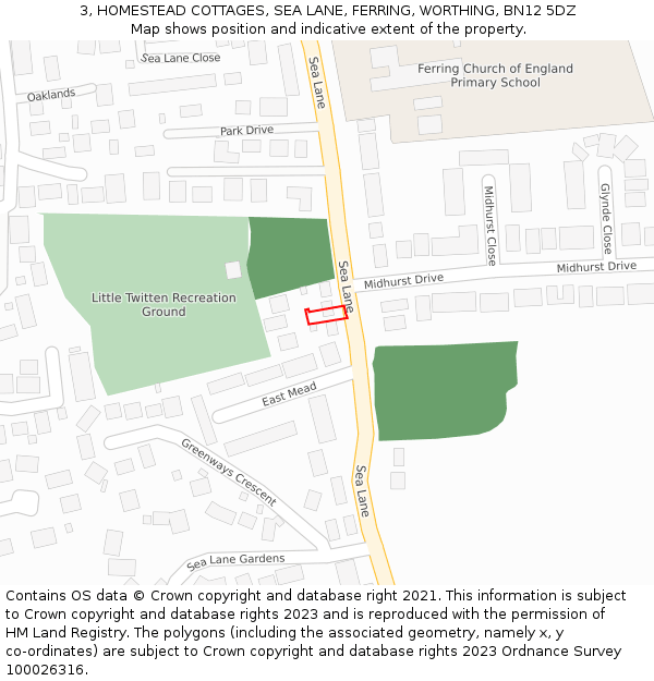 3, HOMESTEAD COTTAGES, SEA LANE, FERRING, WORTHING, BN12 5DZ: Location map and indicative extent of plot