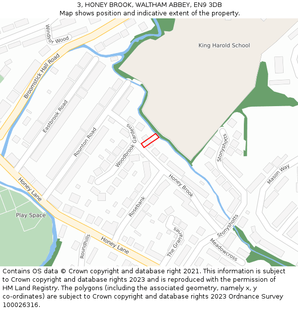 3, HONEY BROOK, WALTHAM ABBEY, EN9 3DB: Location map and indicative extent of plot
