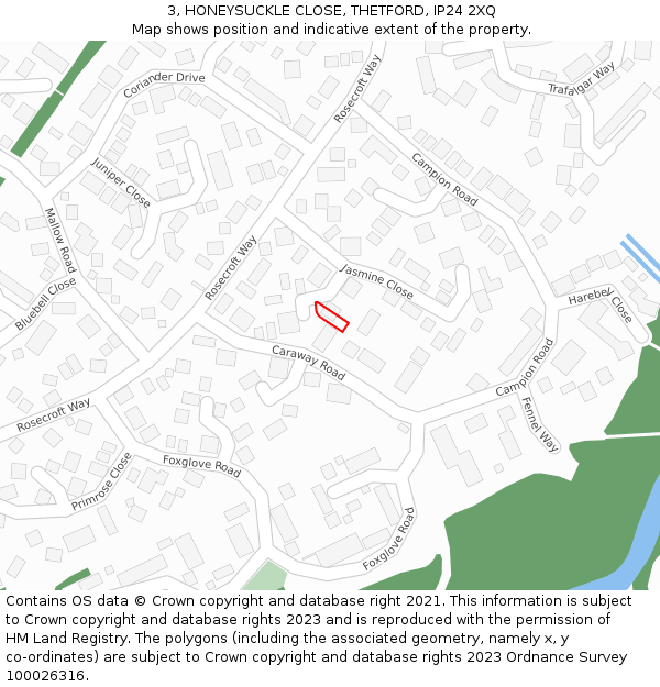 3, HONEYSUCKLE CLOSE, THETFORD, IP24 2XQ: Location map and indicative extent of plot