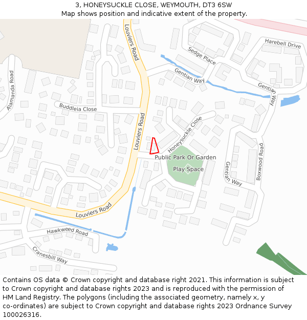 3, HONEYSUCKLE CLOSE, WEYMOUTH, DT3 6SW: Location map and indicative extent of plot