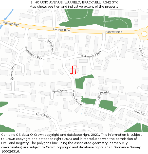 3, HORATIO AVENUE, WARFIELD, BRACKNELL, RG42 3TX: Location map and indicative extent of plot