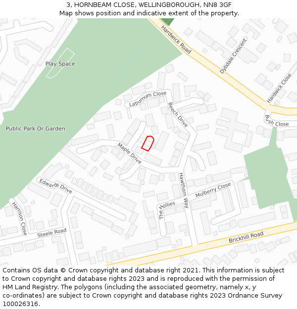 3, HORNBEAM CLOSE, WELLINGBOROUGH, NN8 3GF: Location map and indicative extent of plot