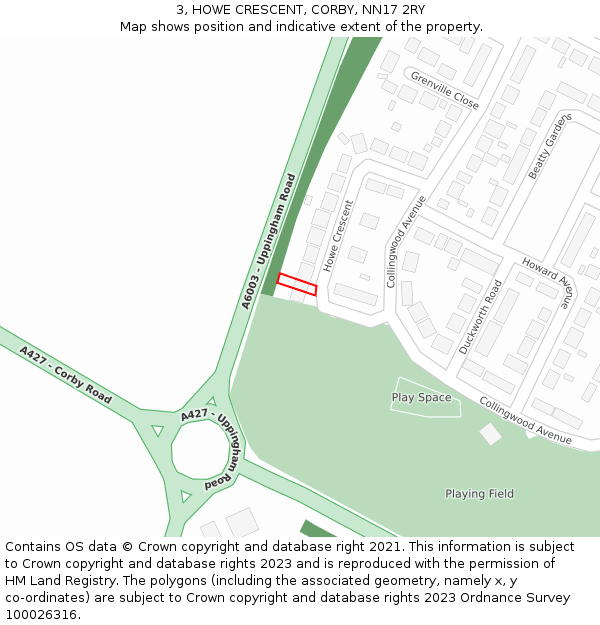 3, HOWE CRESCENT, CORBY, NN17 2RY: Location map and indicative extent of plot