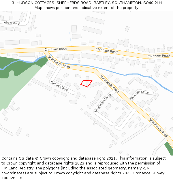 3, HUDSON COTTAGES, SHEPHERDS ROAD, BARTLEY, SOUTHAMPTON, SO40 2LH: Location map and indicative extent of plot