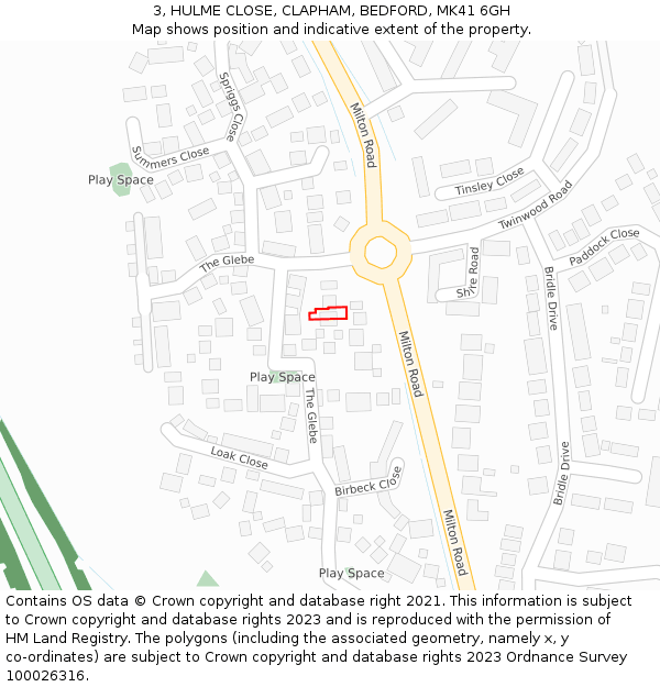 3, HULME CLOSE, CLAPHAM, BEDFORD, MK41 6GH: Location map and indicative extent of plot