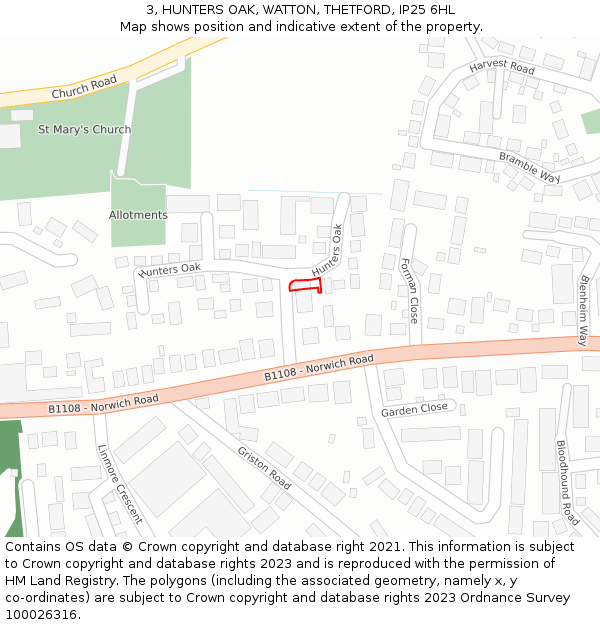 3, HUNTERS OAK, WATTON, THETFORD, IP25 6HL: Location map and indicative extent of plot