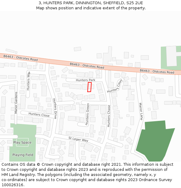 3, HUNTERS PARK, DINNINGTON, SHEFFIELD, S25 2UE: Location map and indicative extent of plot