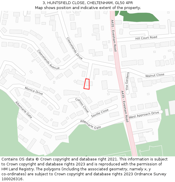 3, HUNTSFIELD CLOSE, CHELTENHAM, GL50 4PR: Location map and indicative extent of plot