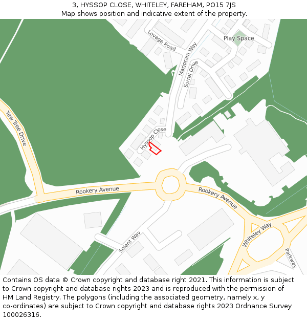 3, HYSSOP CLOSE, WHITELEY, FAREHAM, PO15 7JS: Location map and indicative extent of plot