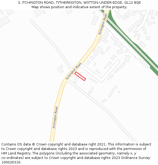 3, ITCHINGTON ROAD, TYTHERINGTON, WOTTON-UNDER-EDGE, GL12 8QE: Location map and indicative extent of plot