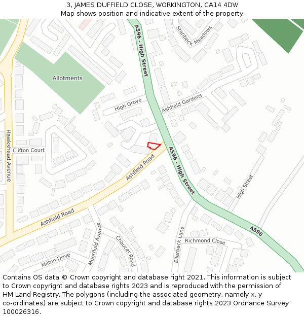 3, JAMES DUFFIELD CLOSE, WORKINGTON, CA14 4DW: Location map and indicative extent of plot