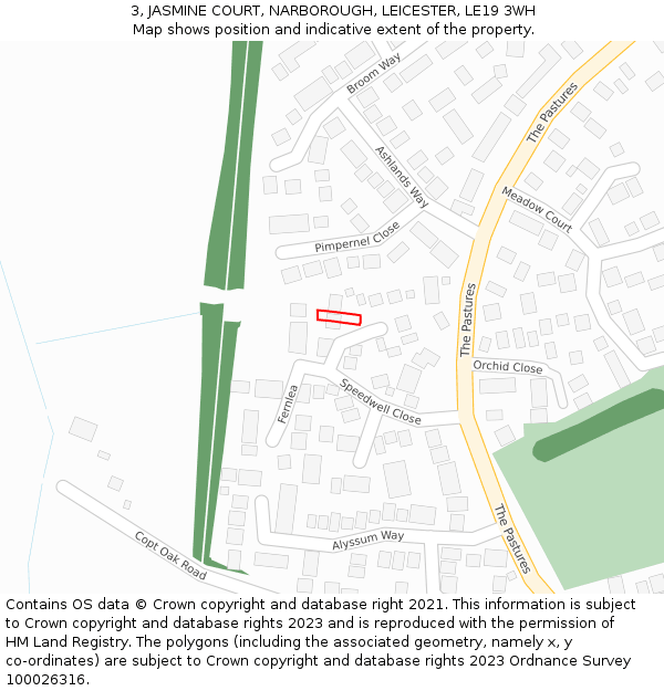 3, JASMINE COURT, NARBOROUGH, LEICESTER, LE19 3WH: Location map and indicative extent of plot