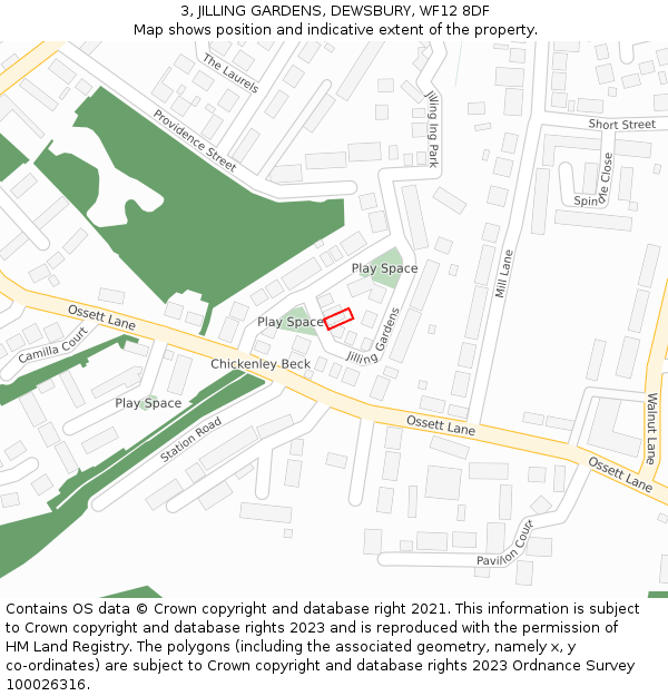 3, JILLING GARDENS, DEWSBURY, WF12 8DF: Location map and indicative extent of plot