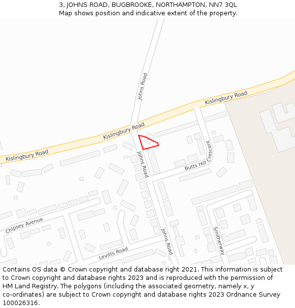 3, JOHNS ROAD, BUGBROOKE, NORTHAMPTON, NN7 3QL: Location map and indicative extent of plot