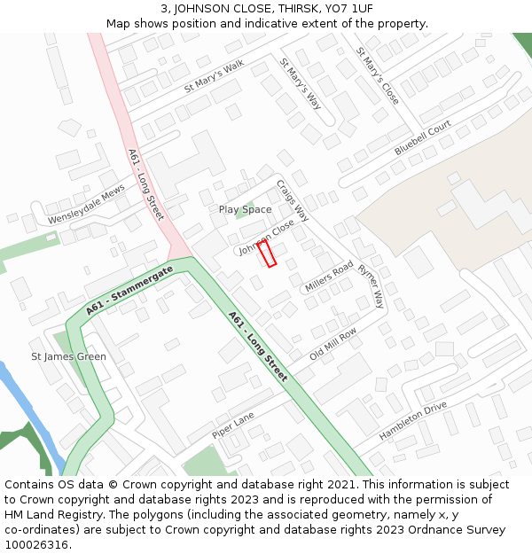 3, JOHNSON CLOSE, THIRSK, YO7 1UF: Location map and indicative extent of plot