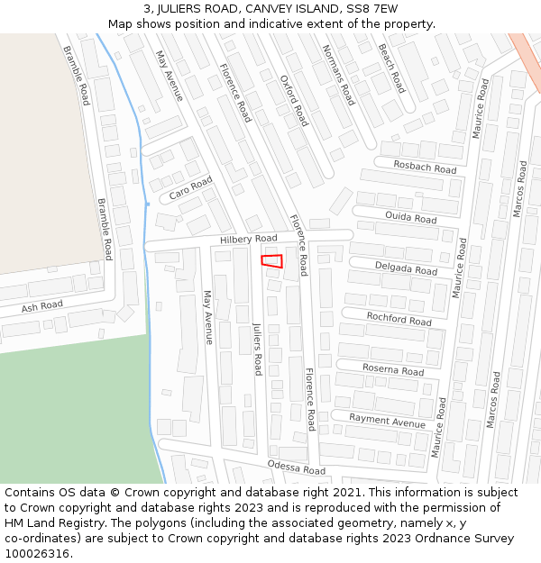 3, JULIERS ROAD, CANVEY ISLAND, SS8 7EW: Location map and indicative extent of plot