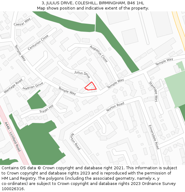 3, JULIUS DRIVE, COLESHILL, BIRMINGHAM, B46 1HL: Location map and indicative extent of plot