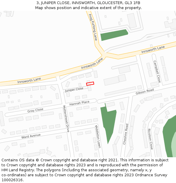 3, JUNIPER CLOSE, INNSWORTH, GLOUCESTER, GL3 1FB: Location map and indicative extent of plot