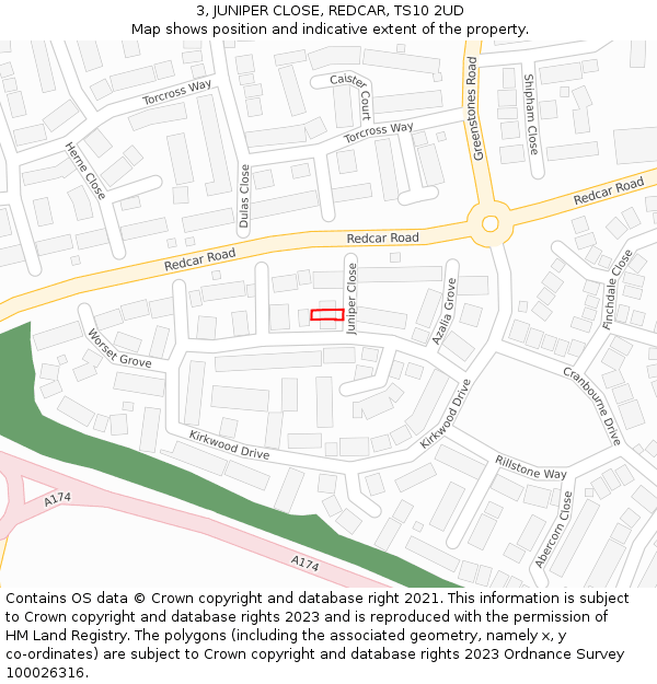 3, JUNIPER CLOSE, REDCAR, TS10 2UD: Location map and indicative extent of plot