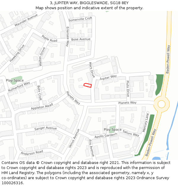 3, JUPITER WAY, BIGGLESWADE, SG18 8EY: Location map and indicative extent of plot