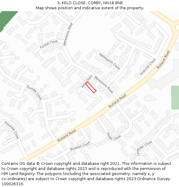 3, KELD CLOSE, CORBY, NN18 8NE: Location map and indicative extent of plot