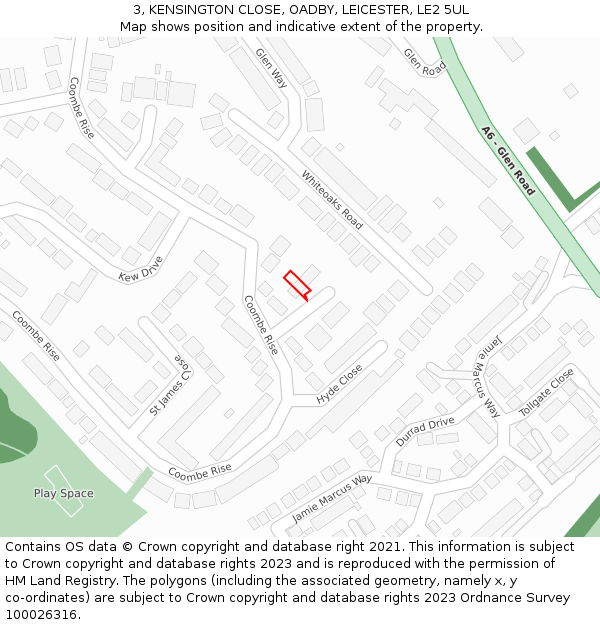 3, KENSINGTON CLOSE, OADBY, LEICESTER, LE2 5UL: Location map and indicative extent of plot