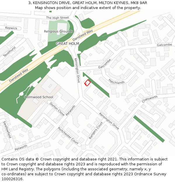 3, KENSINGTON DRIVE, GREAT HOLM, MILTON KEYNES, MK8 9AR: Location map and indicative extent of plot