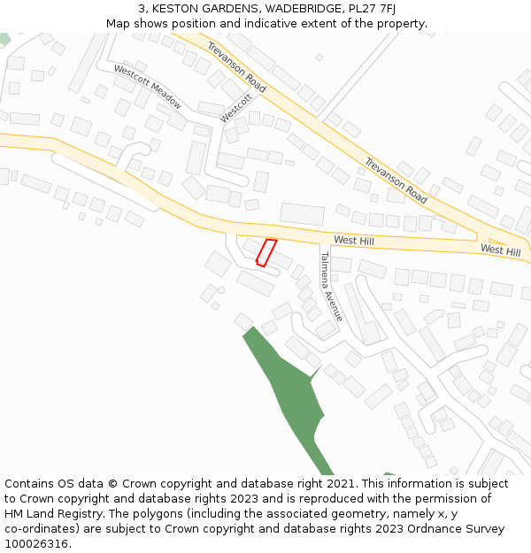 3, KESTON GARDENS, WADEBRIDGE, PL27 7FJ: Location map and indicative extent of plot