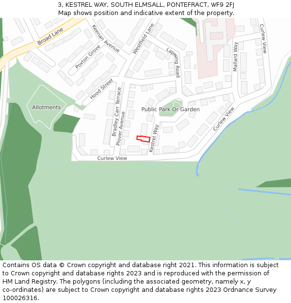 3, KESTREL WAY, SOUTH ELMSALL, PONTEFRACT, WF9 2FJ: Location map and indicative extent of plot