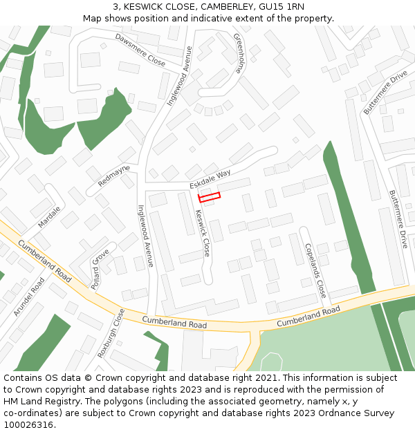 3, KESWICK CLOSE, CAMBERLEY, GU15 1RN: Location map and indicative extent of plot