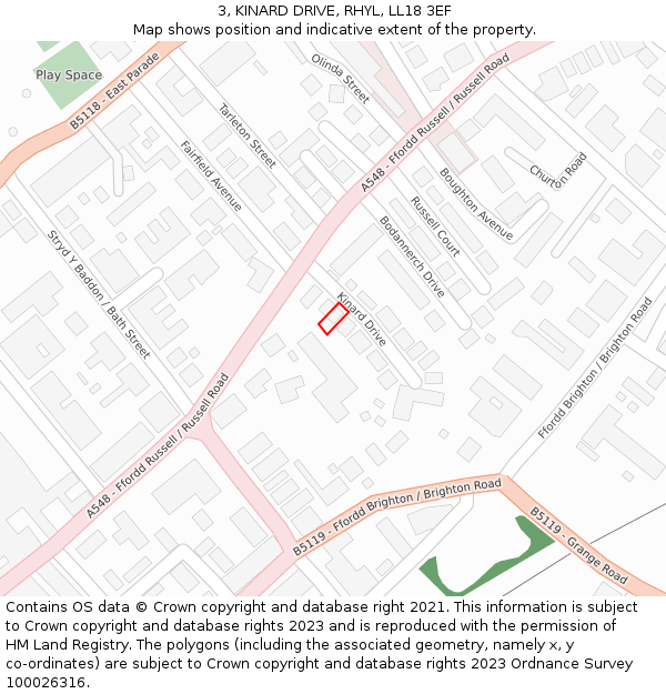 3, KINARD DRIVE, RHYL, LL18 3EF: Location map and indicative extent of plot