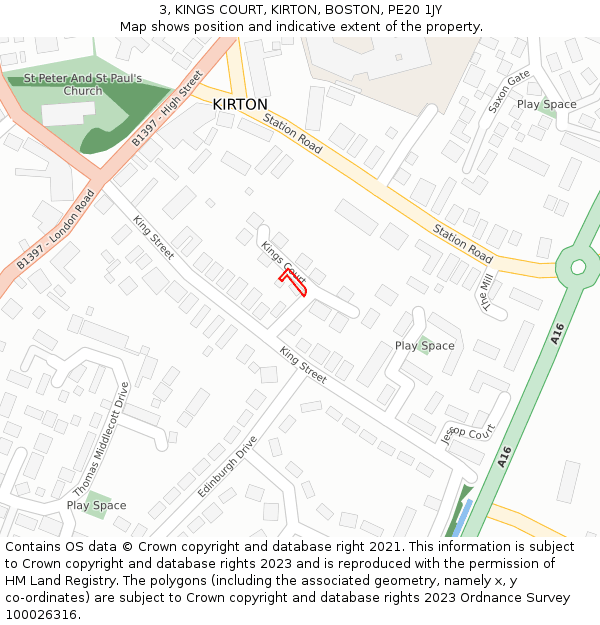 3, KINGS COURT, KIRTON, BOSTON, PE20 1JY: Location map and indicative extent of plot