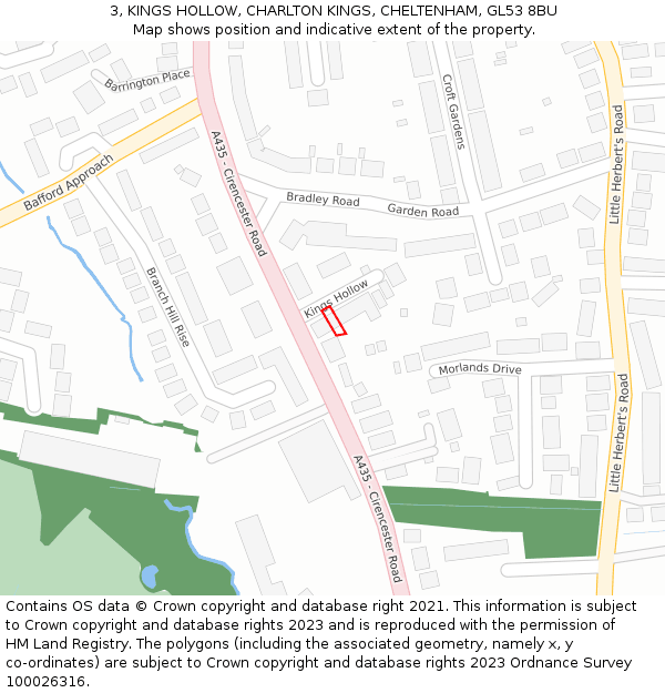 3, KINGS HOLLOW, CHARLTON KINGS, CHELTENHAM, GL53 8BU: Location map and indicative extent of plot