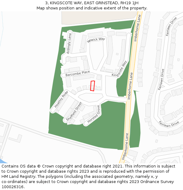 3, KINGSCOTE WAY, EAST GRINSTEAD, RH19 1JH: Location map and indicative extent of plot