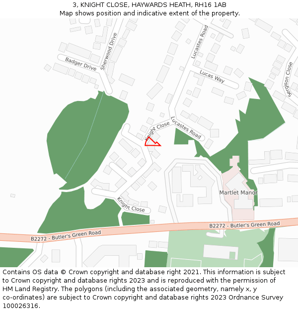 3, KNIGHT CLOSE, HAYWARDS HEATH, RH16 1AB: Location map and indicative extent of plot