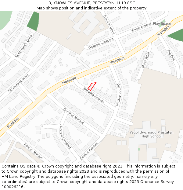 3, KNOWLES AVENUE, PRESTATYN, LL19 8SG: Location map and indicative extent of plot