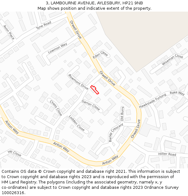 3, LAMBOURNE AVENUE, AYLESBURY, HP21 9NB: Location map and indicative extent of plot