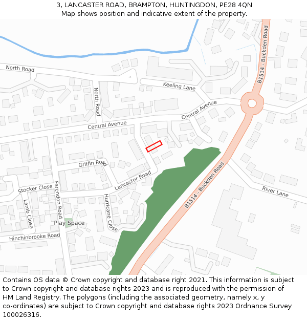 3, LANCASTER ROAD, BRAMPTON, HUNTINGDON, PE28 4QN: Location map and indicative extent of plot