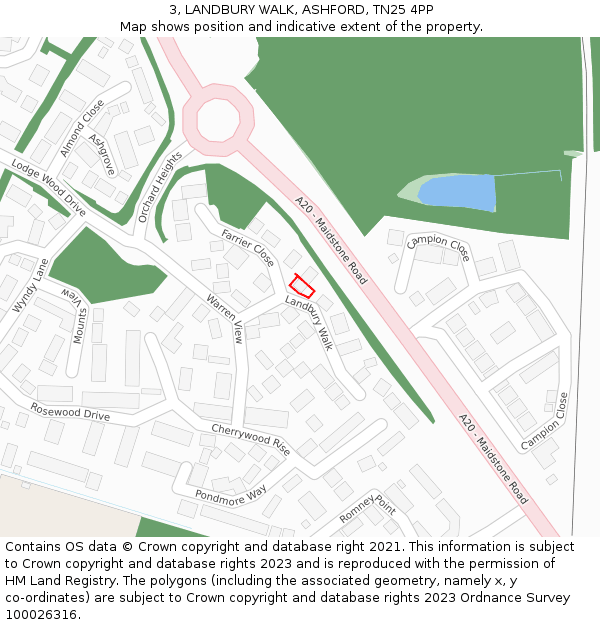 3, LANDBURY WALK, ASHFORD, TN25 4PP: Location map and indicative extent of plot