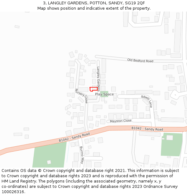 3, LANGLEY GARDENS, POTTON, SANDY, SG19 2QF: Location map and indicative extent of plot