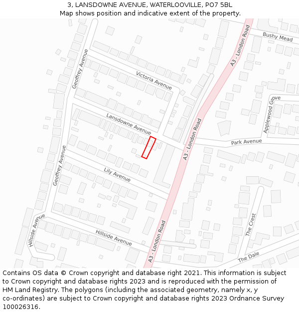 3, LANSDOWNE AVENUE, WATERLOOVILLE, PO7 5BL: Location map and indicative extent of plot