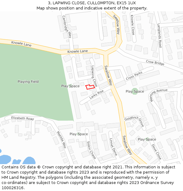 3, LAPWING CLOSE, CULLOMPTON, EX15 1UX: Location map and indicative extent of plot