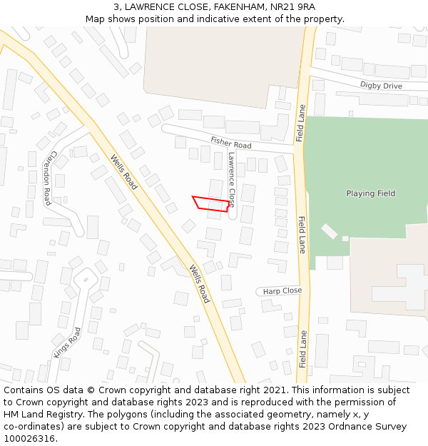 3, LAWRENCE CLOSE, FAKENHAM, NR21 9RA: Location map and indicative extent of plot