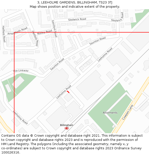 3, LEEHOLME GARDENS, BILLINGHAM, TS23 3TJ: Location map and indicative extent of plot